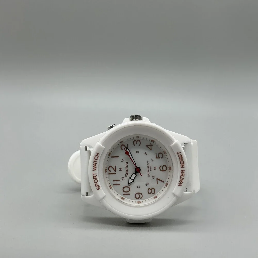 Socico Mens Watch 42mm White Dial Red Numbers White Sport 50M Luminous